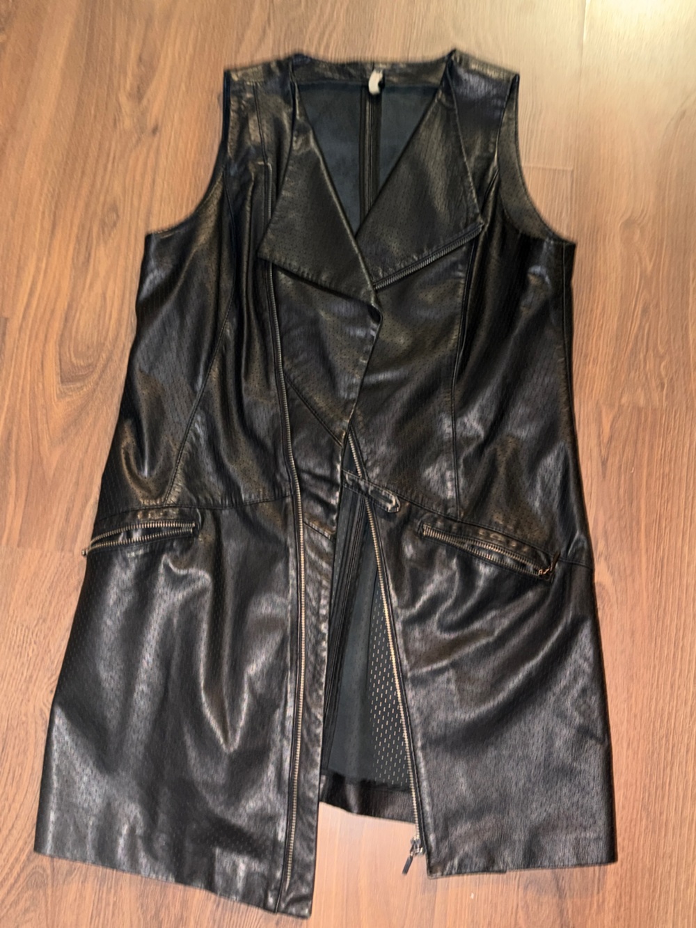 7 For All Mankind Black Faux Leather Sleeveless Long Moto Vest